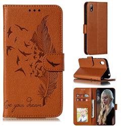 Intricate Embossing Lychee Feather Bird Leather Wallet Case for Huawei Y5 (2019) - Brown