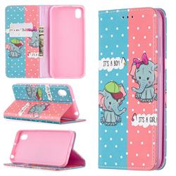 Elephant Boy and Girl Slim Magnetic Attraction Wallet Flip Cover for Huawei Y5 (2019)