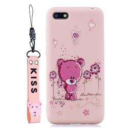 Pink Flower Bear Soft Kiss Candy Hand Strap Silicone Case for Huawei Y5 Prime 2018 (Y5 2018 / Y5 Lite 2018)