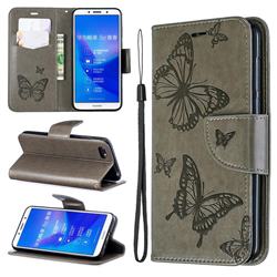 Embossing Double Butterfly Leather Wallet Case for Huawei Y5 Prime 2018 (Y5 2018 / Y5 Lite 2018) - Gray