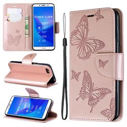 Embossing Double Butterfly Leather Wallet Case for Huawei Y5 Prime 2018 (Y5 2018 / Y5 Lite 2018) - Rose Gold