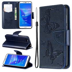 Embossing Double Butterfly Leather Wallet Case for Huawei Y5 Prime 2018 (Y5 2018 / Y5 Lite 2018) - Dark Blue
