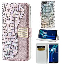 Glitter Diamond Buckle Laser Stitching Leather Wallet Phone Case for Huawei Y5 Prime 2018 (Y5 2018 / Y5 Lite 2018) - Pink