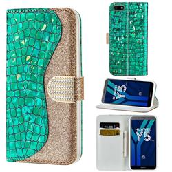 Glitter Diamond Buckle Laser Stitching Leather Wallet Phone Case for Huawei Y5 Prime 2018 (Y5 2018 / Y5 Lite 2018) - Green