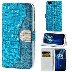 Glitter Diamond Buckle Laser Stitching Leather Wallet Phone Case for Huawei Y5 Prime 2018 (Y5 2018 / Y5 Lite 2018) - Blue