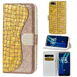 Glitter Diamond Buckle Laser Stitching Leather Wallet Phone Case for Huawei Y5 Prime 2018 (Y5 2018 / Y5 Lite 2018) - Gold