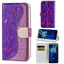 Glitter Diamond Buckle Laser Stitching Leather Wallet Phone Case for Huawei Y5 Prime 2018 (Y5 2018 / Y5 Lite 2018) - Purple
