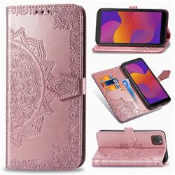 Embossing Imprint Mandala Flower Leather Wallet Case for Huawei Y5p - Rose Gold