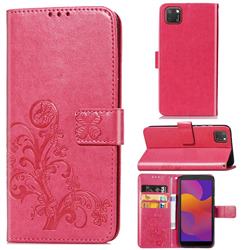 Embossing Imprint Four-Leaf Clover Leather Wallet Case for Huawei Y5p - Rose Red