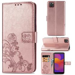 Embossing Imprint Four-Leaf Clover Leather Wallet Case for Huawei Y5p - Rose Gold