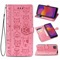Embossing Dog Paw Kitten and Puppy Leather Wallet Case for Huawei Y5p - Pink