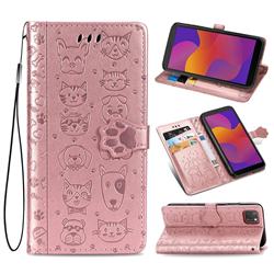 Embossing Dog Paw Kitten and Puppy Leather Wallet Case for Huawei Y5p - Rose Gold