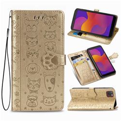 Embossing Dog Paw Kitten and Puppy Leather Wallet Case for Huawei Y5p - Champagne Gold