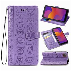Embossing Dog Paw Kitten and Puppy Leather Wallet Case for Huawei Y5p - Purple
