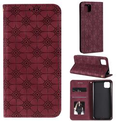 Intricate Embossing Four Leaf Clover Leather Wallet Case for Huawei Y5p - Claret