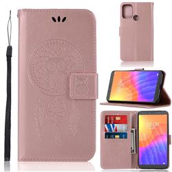 Intricate Embossing Owl Campanula Leather Wallet Case for Huawei Y5p - Rose Gold