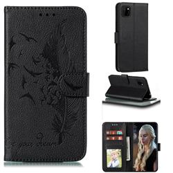 Intricate Embossing Lychee Feather Bird Leather Wallet Case for Huawei Y5p - Black