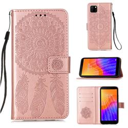 Embossing Dream Catcher Mandala Flower Leather Wallet Case for Huawei Y5p - Rose Gold