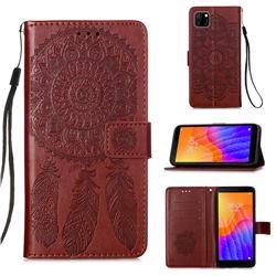 Embossing Dream Catcher Mandala Flower Leather Wallet Case for Huawei Y5p - Brown