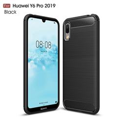 Luxury Carbon Fiber Brushed Wire Drawing Silicone TPU Back Cover for Huawei Y6 (2019) - Black