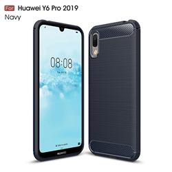 Luxury Carbon Fiber Brushed Wire Drawing Silicone TPU Back Cover for Huawei Y6 (2019) - Navy