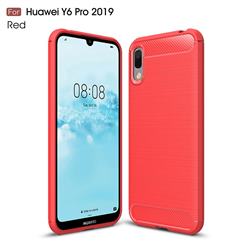 Luxury Carbon Fiber Brushed Wire Drawing Silicone TPU Back Cover for Huawei Y6 (2019) - Red