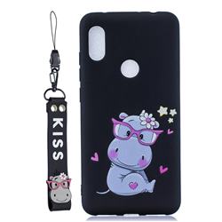 Black Flower Hippo Soft Kiss Candy Hand Strap Silicone Case for Huawei Y6 (2019)