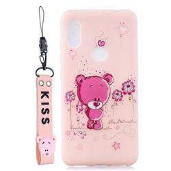 Pink Flower Bear Soft Kiss Candy Hand Strap Silicone Case for Huawei Y6 (2019)