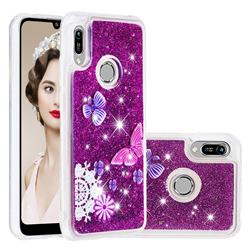 Purple Flower Butterfly Dynamic Liquid Glitter Quicksand Soft TPU Case for Huawei Y6 (2019)