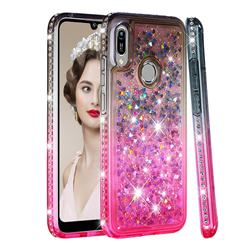 Diamond Frame Liquid Glitter Quicksand Sequins Phone Case for Huawei Y6 (2019) - Gray Pink