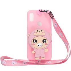 Pink Pig Neck Lanyard Zipper Wallet Silicone Case for Huawei Y6 (2019)