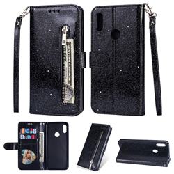 Glitter Shine Leather Zipper Wallet Phone Case for Huawei Y6 (2019) - Black
