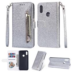 Glitter Shine Leather Zipper Wallet Phone Case for Huawei Y6 (2019) - Silver
