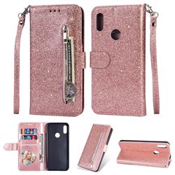 Glitter Shine Leather Zipper Wallet Phone Case for Huawei Y6 (2019) - Pink