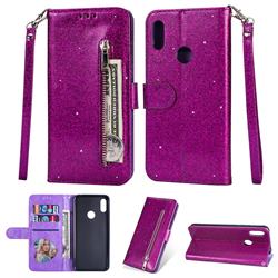 Glitter Shine Leather Zipper Wallet Phone Case for Huawei Y6 (2019) - Purple