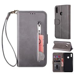 Retro Calfskin Zipper Leather Wallet Case Cover for Huawei Y6 (2019) - Grey