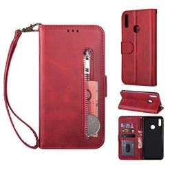 Retro Calfskin Zipper Leather Wallet Case Cover for Huawei Y6 (2019) - Red