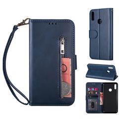 Retro Calfskin Zipper Leather Wallet Case Cover for Huawei Y6 (2019) - Blue