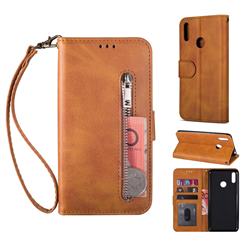 Retro Calfskin Zipper Leather Wallet Case Cover for Huawei Y6 (2019) - Brown