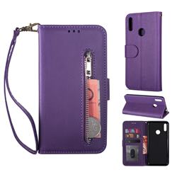 Retro Calfskin Zipper Leather Wallet Case Cover for Huawei Y6 (2019) - Purple