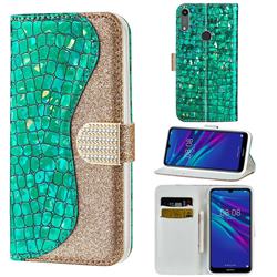 Glitter Diamond Buckle Laser Stitching Leather Wallet Phone Case for Huawei Y6 (2019) - Green