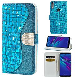 Glitter Diamond Buckle Laser Stitching Leather Wallet Phone Case for Huawei Y6 (2019) - Blue
