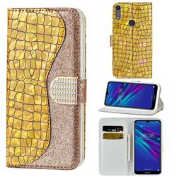 Glitter Diamond Buckle Laser Stitching Leather Wallet Phone Case for Huawei Y6 (2019) - Gold