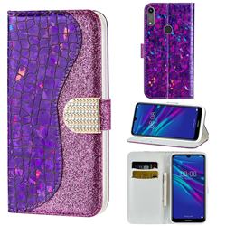 Glitter Diamond Buckle Laser Stitching Leather Wallet Phone Case for Huawei Y6 (2019) - Purple