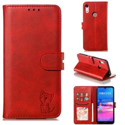 Embossing Happy Cat Leather Wallet Case for Huawei Y6 (2019) - Red