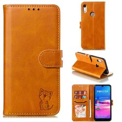 Embossing Happy Cat Leather Wallet Case for Huawei Y6 (2019) - Yellow