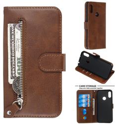 Retro Luxury Zipper Leather Phone Wallet Case for Huawei Y6 (2019) - Brown