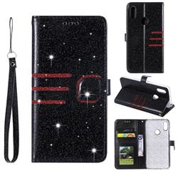 Retro Stitching Glitter Leather Wallet Phone Case for Huawei Y6 (2019) - Black
