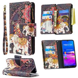 Totem Flower Elephant Binfen Color BF03 Retro Zipper Leather Wallet Phone Case for Huawei Y6 (2019)