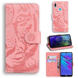 Intricate Embossing Tiger Face Leather Wallet Case for Huawei Y6 (2019) - Pink